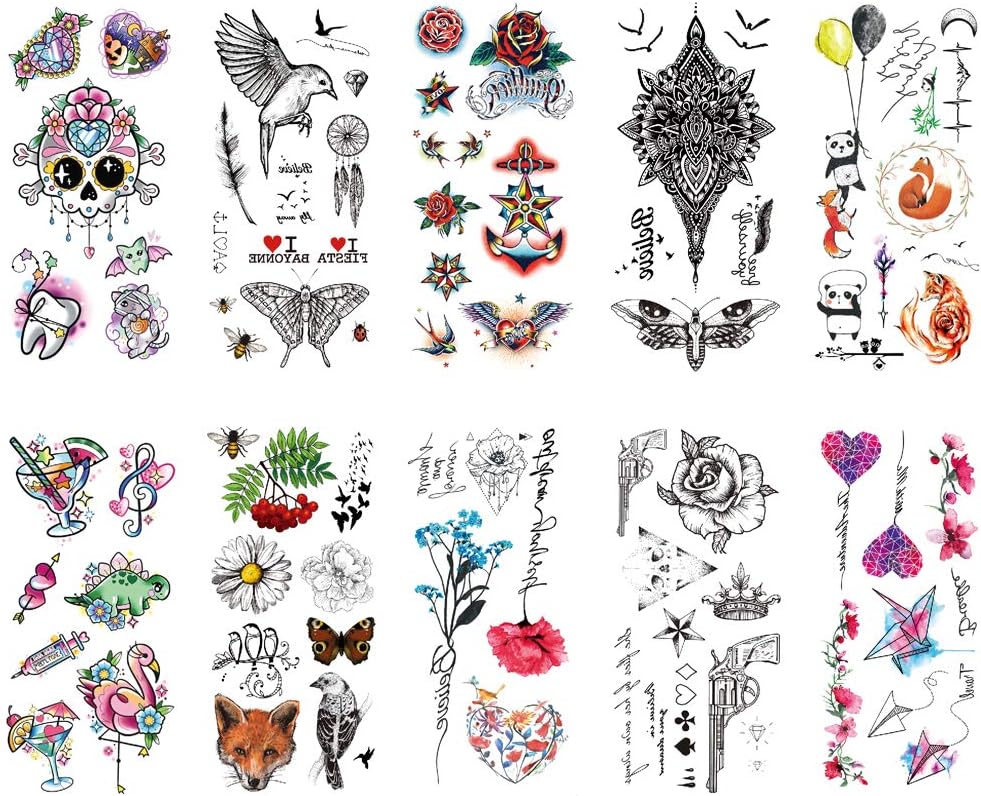 TAFLY 10 Sheets Waterproof Temporary Tattoo Stickers Cartoon Coloful Fake Tattoo for Women (191-200)