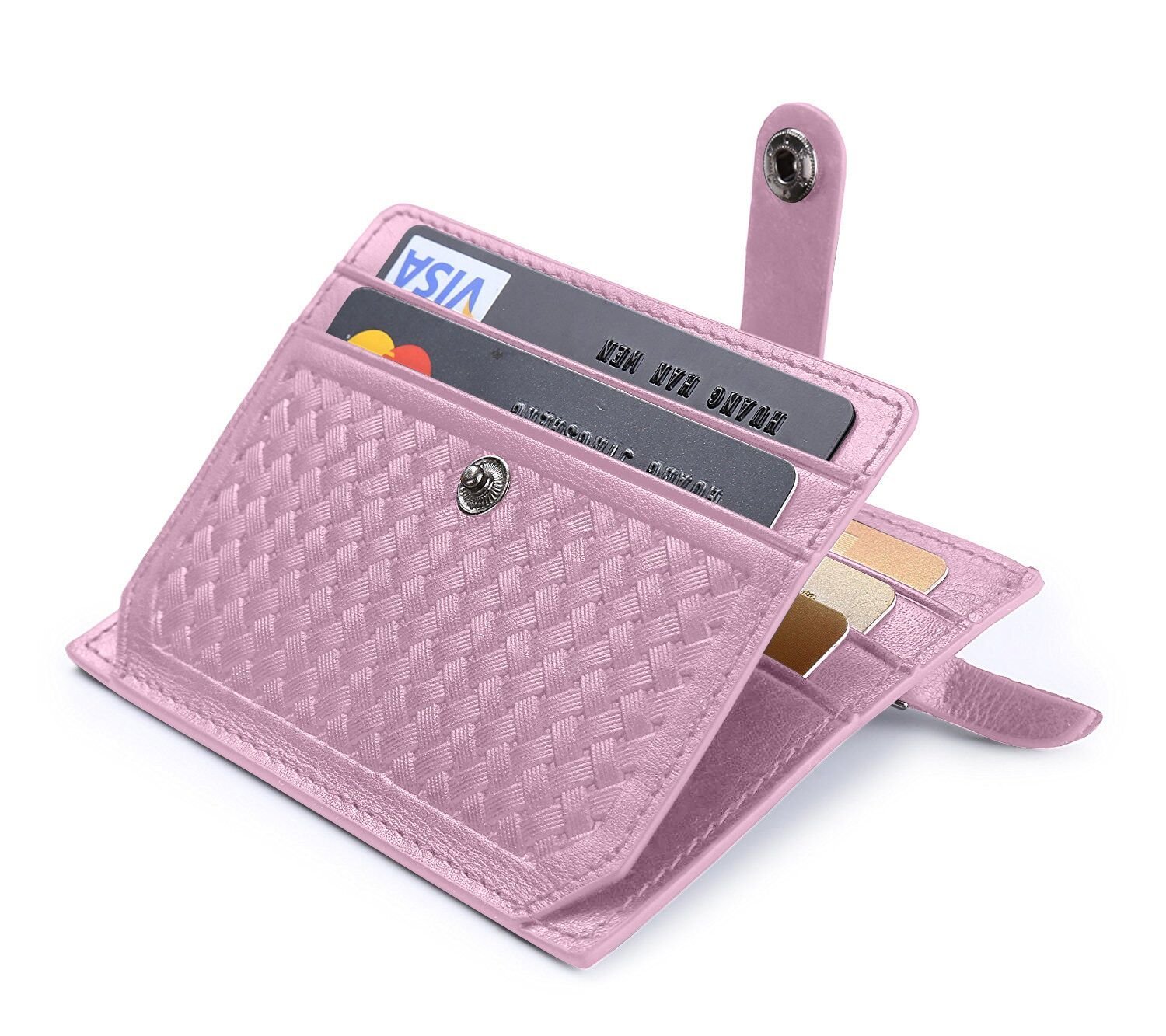 flintronic Credit Card Holder, RFID Blocking Pink Leather Wallet with Covered Button (1 Zipper & 1 Invoice compartments, 5 Card Slots & 1 ID Window) Purse for Women