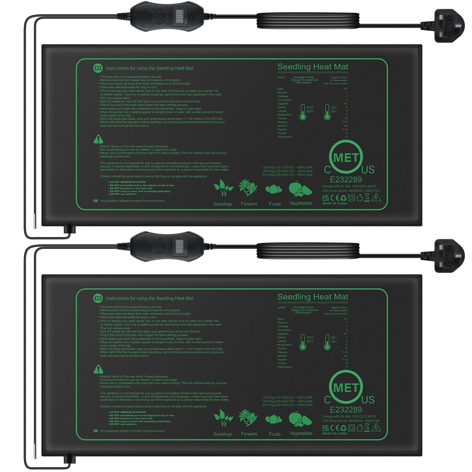 Mojimdo 50W Heating Mat Plants with Thermostat - Quick Heating, Fire Protection, Heat Mat for Germination and Temperature Regulation, Ideal for Seedlings, Pets and Reptiles (Pack of 2)
