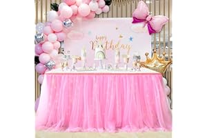 Albassa 6ft Pink Tulle Table Skirt for Rectangle or Round Tables with LED Lights Tulle Tablecloth for Princess Baby Shower Girl Birthday Party Cake Dessert Table Decorations
