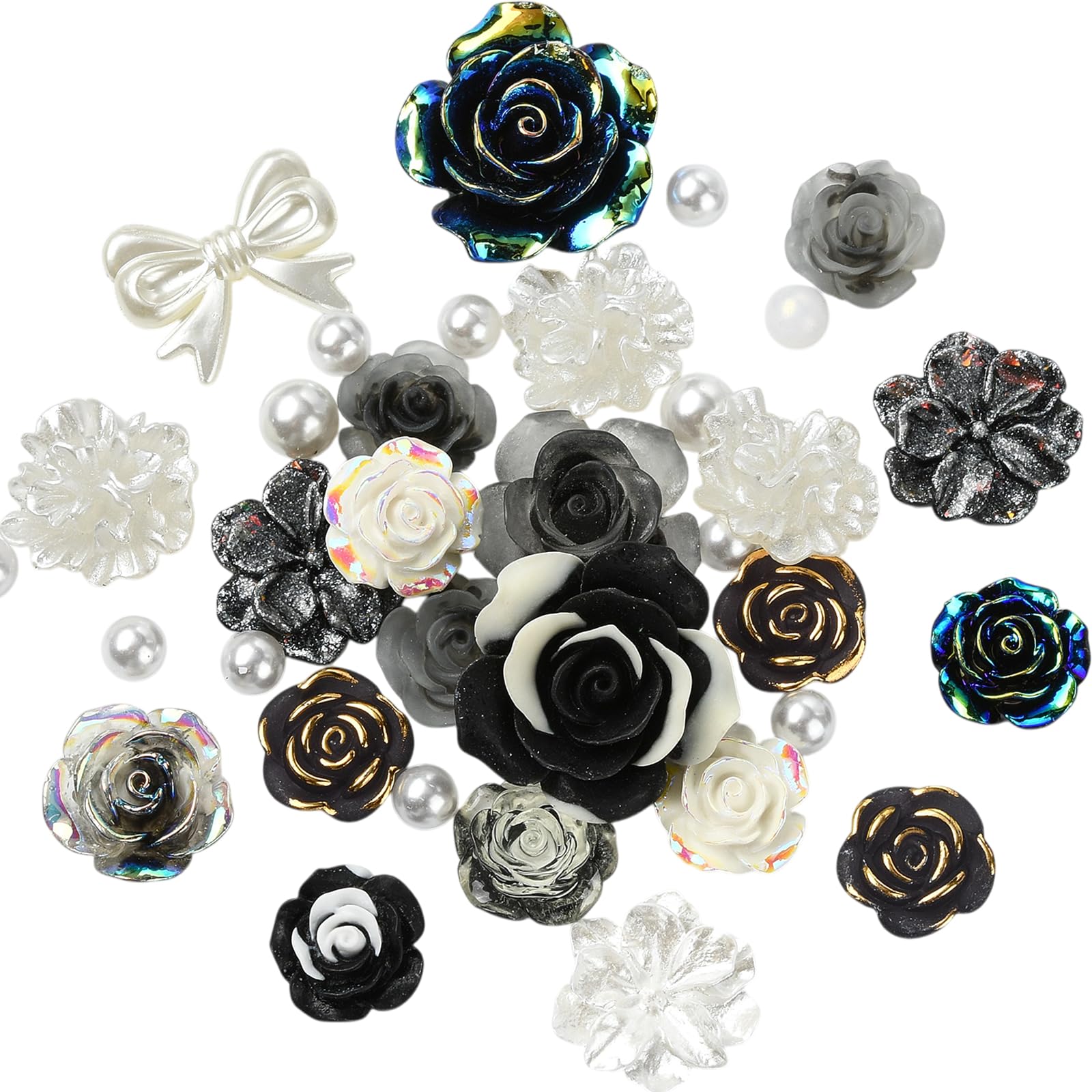 BEEFLIYNG 1 Pack Random 3D Resin ABS Rose Flower Butterfly Bow Charm Pearl Bead Acrylic Floral Decor Cabochon for Bracelet Earring Phone Case Craft DIY Jewelry Making (Black)