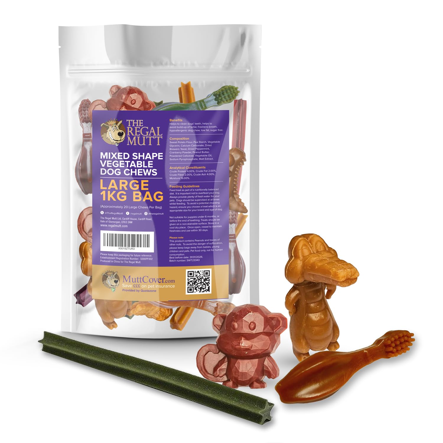 The Regal Mutt - Vegetable Dog Chews - Mixed Shape Variety Pack - Large - 1kg Bag