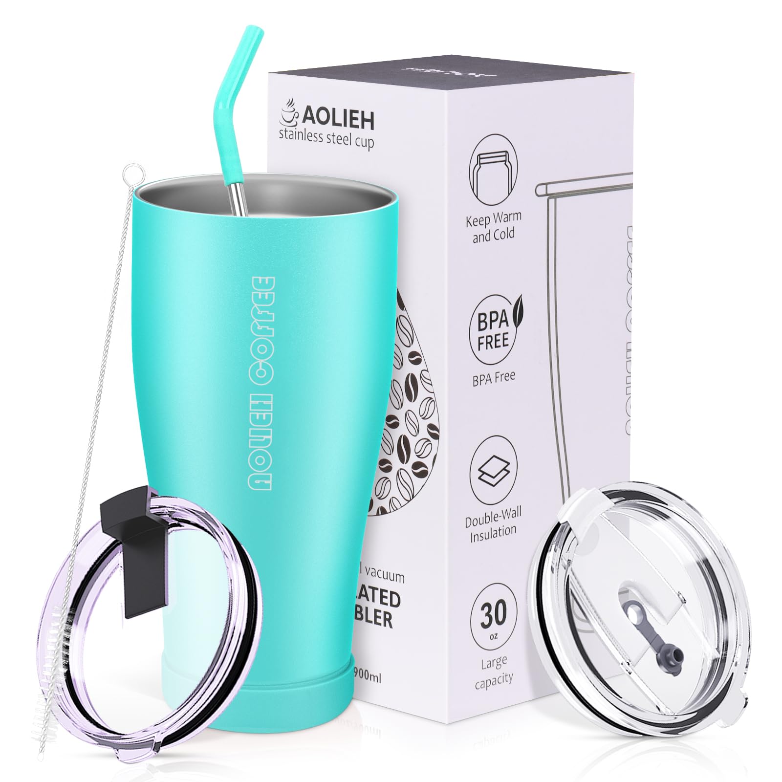 Aolieh Tumbler 30 OZ/850ML, Insulated Coffee Cup with Lid and Straw, Double Walled Vacuum Stainless Steel Mug, Reusable Travel Flask for Hot and Cold Drink, Ice Smoothie, BPA Free