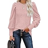 MIHOLL Women's Puff Long Sleeve Shirts Casual Knit Blouses Crew Neck Elegant Tunic Tops