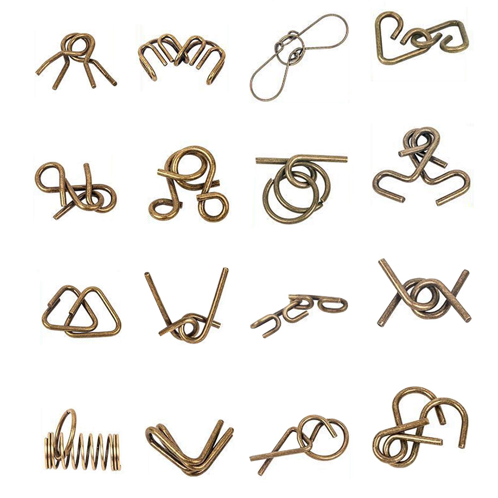 Photo 1 of Ahyuan Metal Wire Puzzle Set of 16 Large Thick IQ Test Mind Game Toys IQ Toys Brain Teaser Metal Wire Puzzles Magic Trick Toy Metals IQ Puzzle for Party Favor Kids Adults Challenge (Bronze)