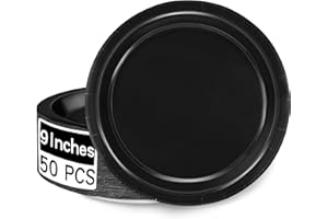 QZYL 50 Round Black Party Plates Pack, Disposable 9 Inch Paper Dinner Plates for Daily Meals, Picnics, Camping, Birthdays, Christmas, Thanksgiving