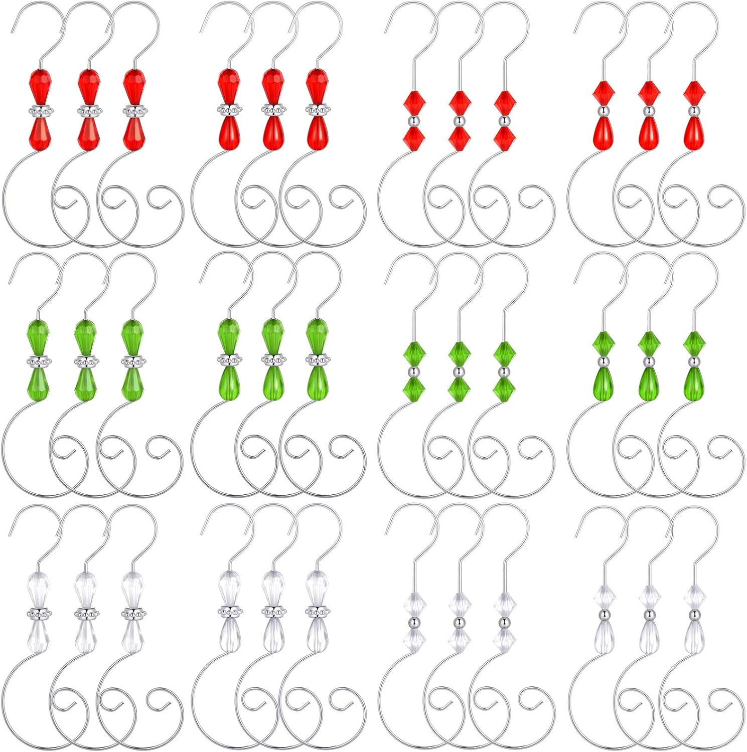 Ornament Hooks - Christmas Ornament Hook Acrylic Wire Ornament Hook Christmas Acrylic Ornament Hook for Christmas Tree Ornament Hanger, Home Decor, 4 Styles (Silver Hook, Red, Green, Transparent Bead, 72)