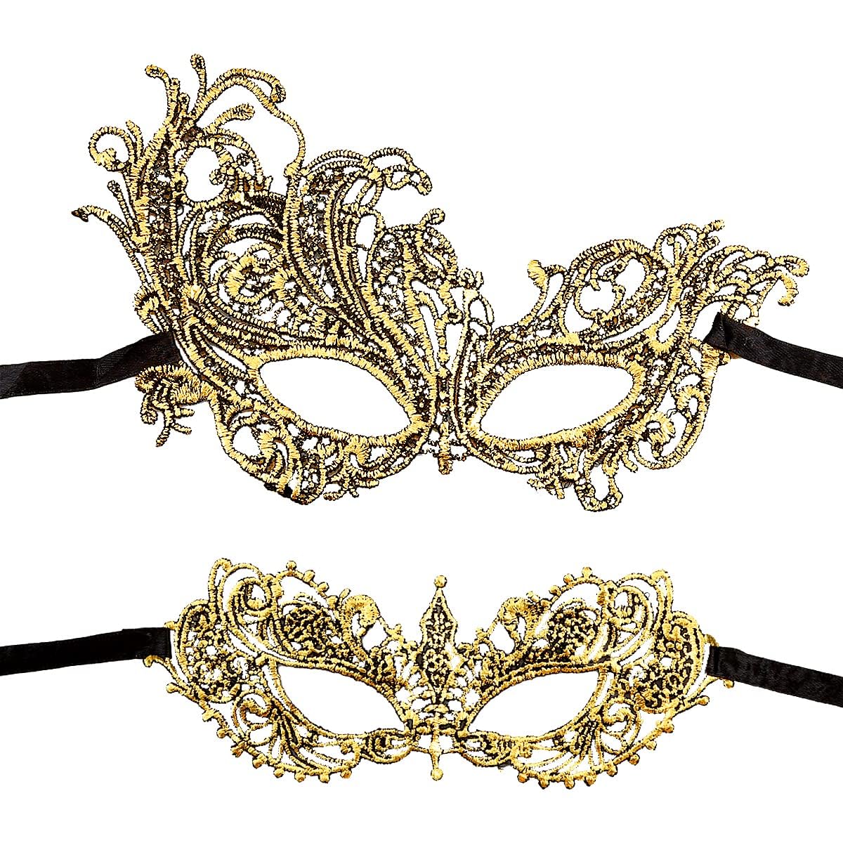 Jagowa 2PCS Gold Masquerade Masks Venetian Eye Mask Venetian Women Mask Mardi Gras Party Evening Prom Costume Mask, 21 x 8cm