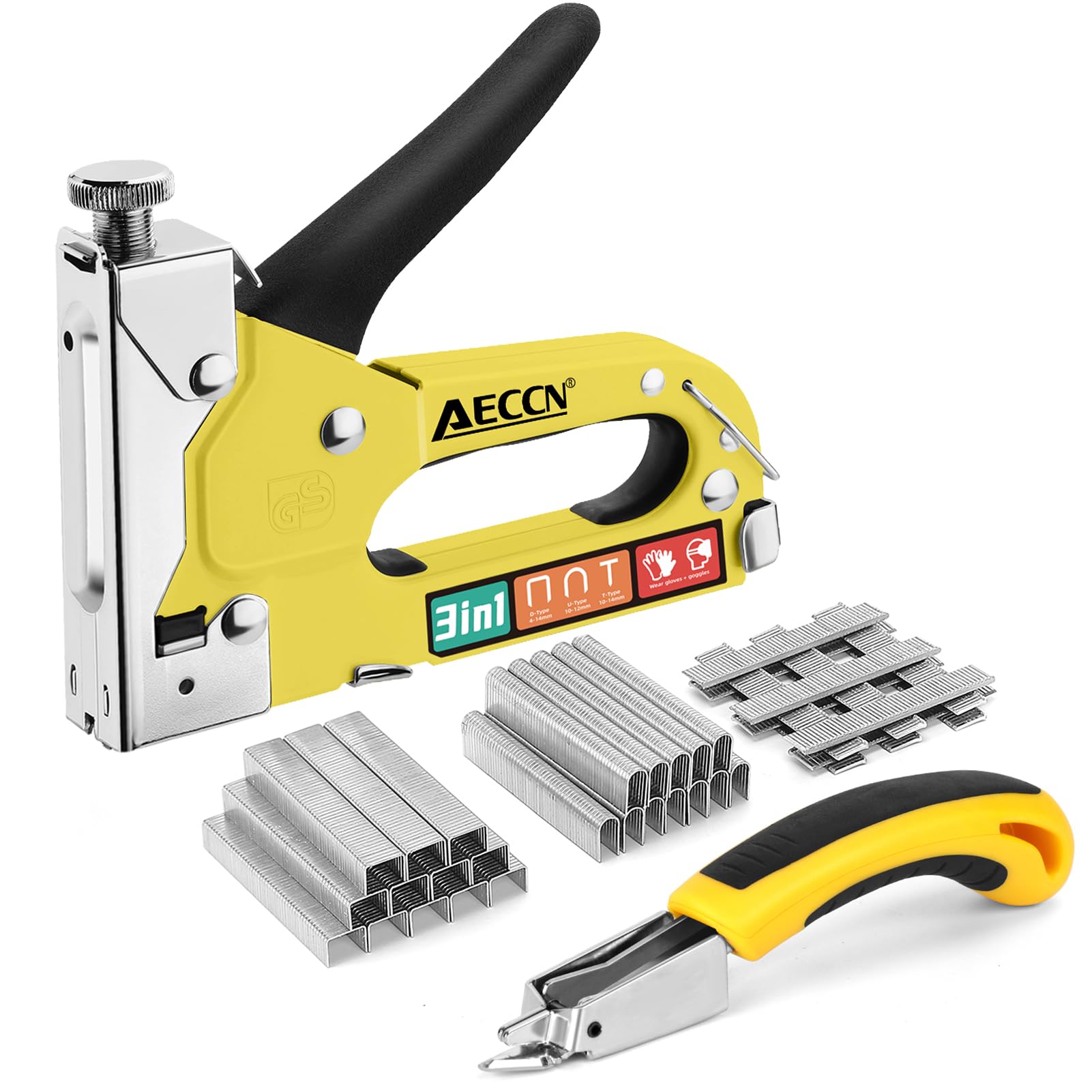 AECCN 3 in 1 Heavy Duty Staple Nail Steel Gun Kit with 2100 Staples, Upholstery Stapler for Fixing Material, Decoration, Carpentry, Furniture, Doors and Windows - Yellow