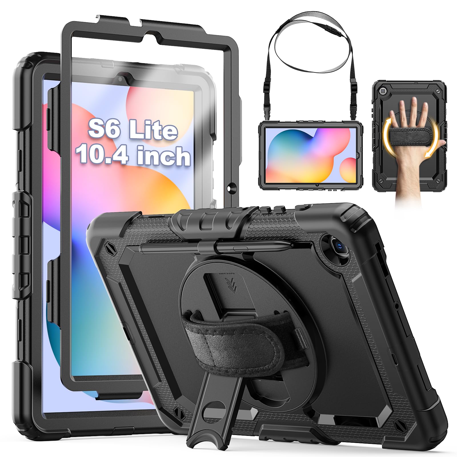 SEYMCY Case for Samsung Galaxy Tab S6 lite 10.4 Inch 2024/2022/2020, Full-body Shockproof with Screen Protector, 360° Rotating Hand Strap & Stand, Shoulder Strap for Samsung S6 Lite Tablet, Black