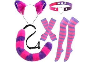Bazion Pink and Purple Striped Cat Costume Set Include Cat Ears Headband,Furry Tail,Gloves,Socks, Collar for Cosplay Dress up