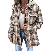 utcoco Womens Chunky Shacket Jacket Button Down Flannel Jacket with Hood Plaid Hoodie Coats