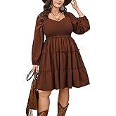 CICIDUDU Plus Size Dresses for Curvy Women Smocked Long Sleeve Tiered Flowy Cute Short Fall Mini Dress