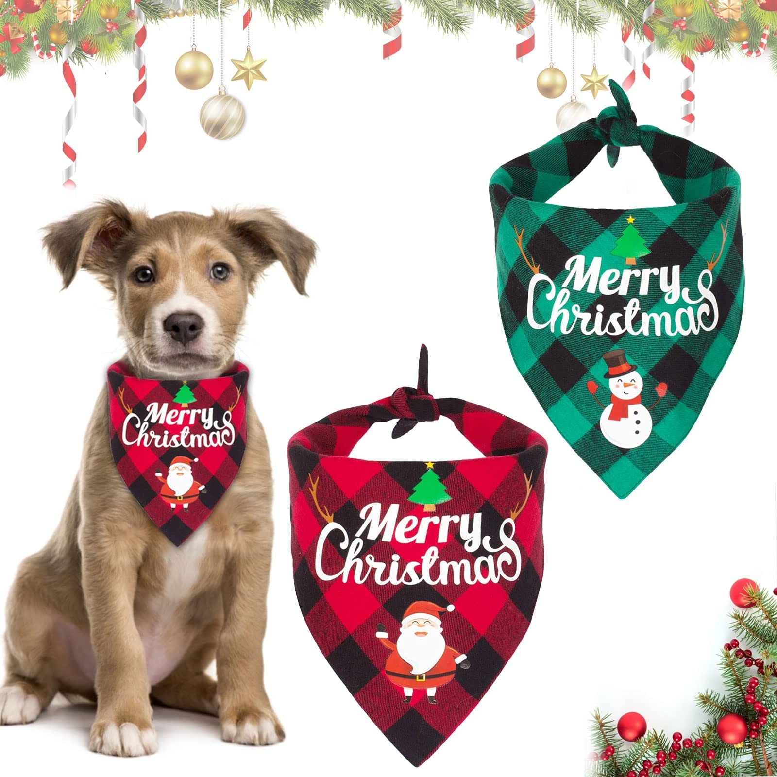 Dog Christmas Bandanas 2PCS - Double Sided Classic Merry Christmas Printing Plaid Xmas Pet Scarf Bibs Kerchief Gifts Set - Pet Holiday Accessories Bandana for Puppy, Small to Large Dogs Cats