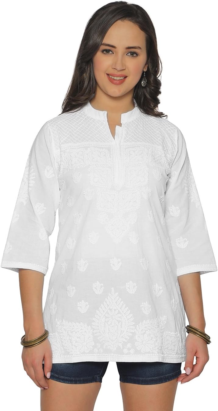 Indiankala4U Ladies Kurti Tops Hand Embroidery Chikankari Cotton Kurta Top Blouse for Women