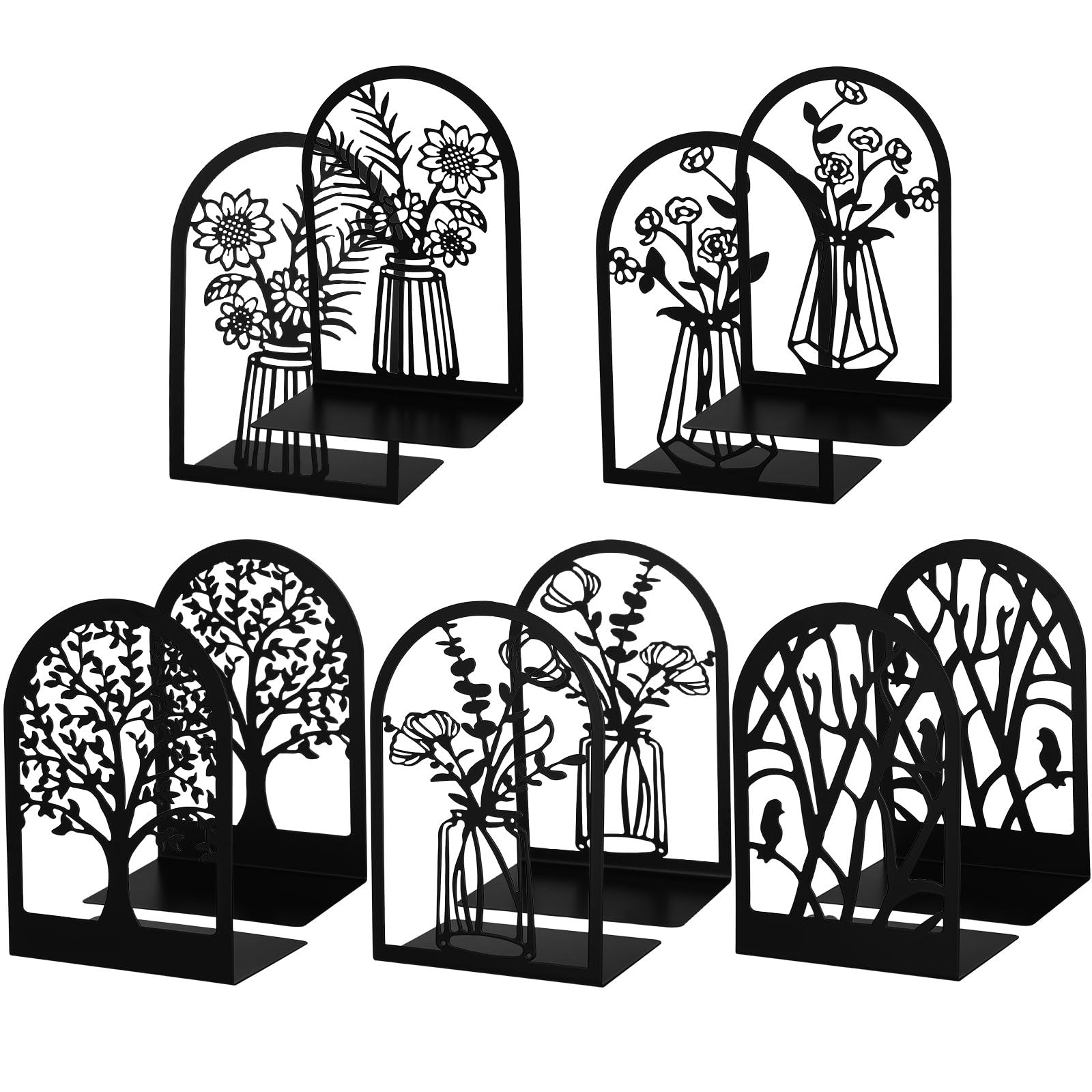 Photo 1 of Faccito 5 Pairs Book Ends, Black Metal Bookends for Shelves Decorative, Non Skid Tree Stopper and Flower Shelf Holder for Heavy Books, Home Office School Supplies