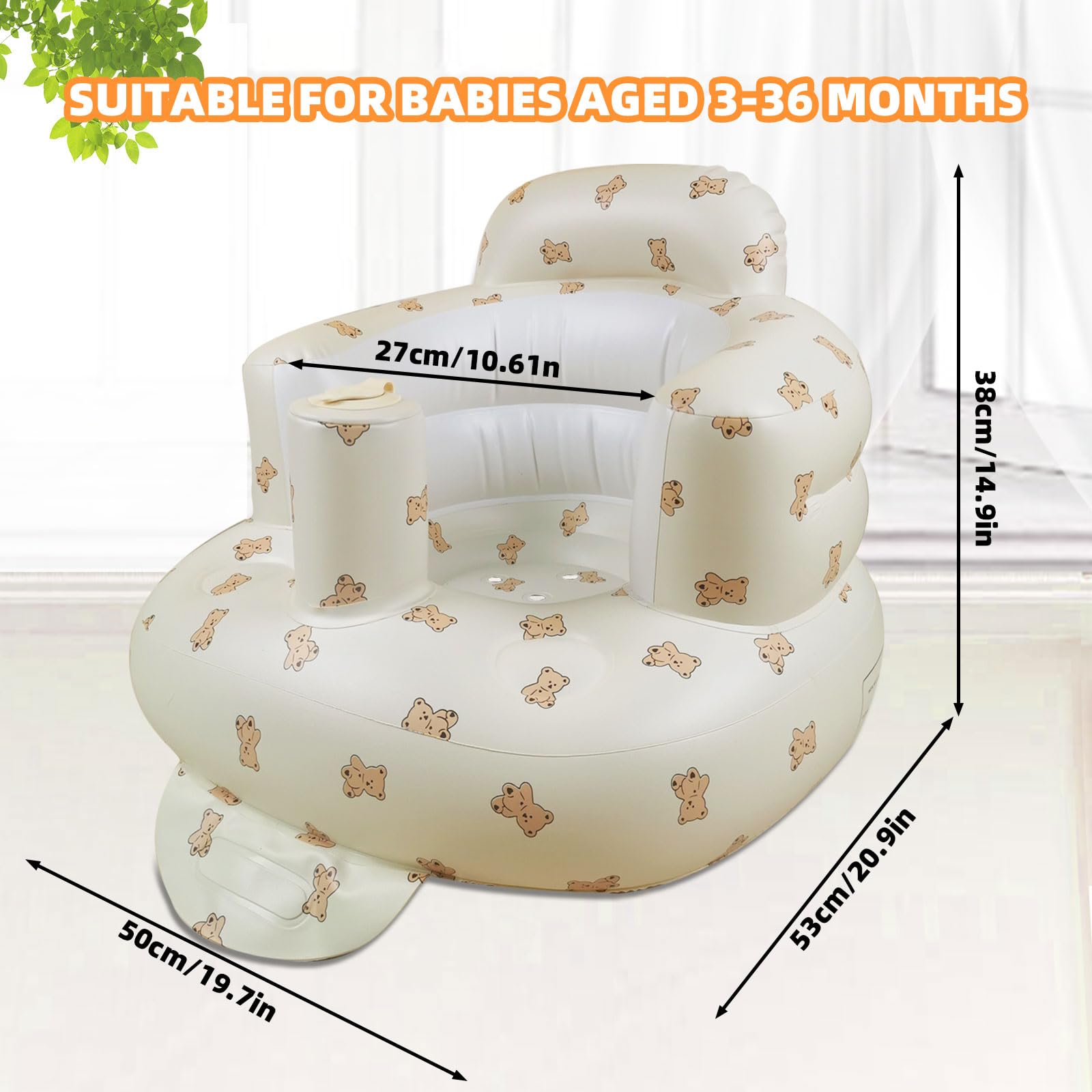 Inflatable Baby Seat for Babies 3-36 Months, Built in Air Pump Baby Chair Sit Me up Floor Seat for Baby, Bumbo Seat for Learning to Sit, Feeding, Camping(Bear Cub)