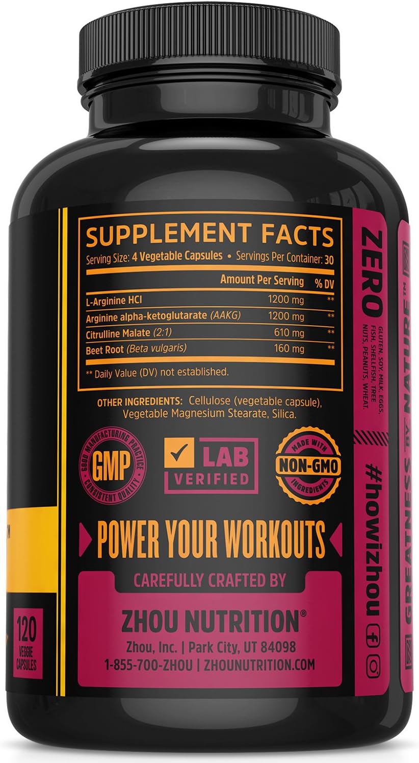 Zhou Nutrition Nitric Oxide Supplement with L Arginine, Citrulline