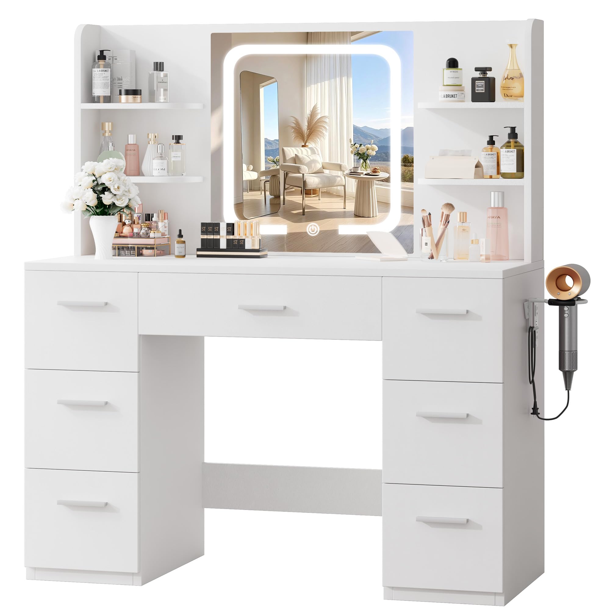 Photo 1 of ***FINAL SALE/NO RETURN, SOLD AS PARTS*** LIVELYGLOW White Large Makeup Vanity Desk with Smart LED Mirror & Power Station, 43" Professional Dressing Table with 7 Drawers, 4 Open Shelves & Hairdryer Holder for Bedroom