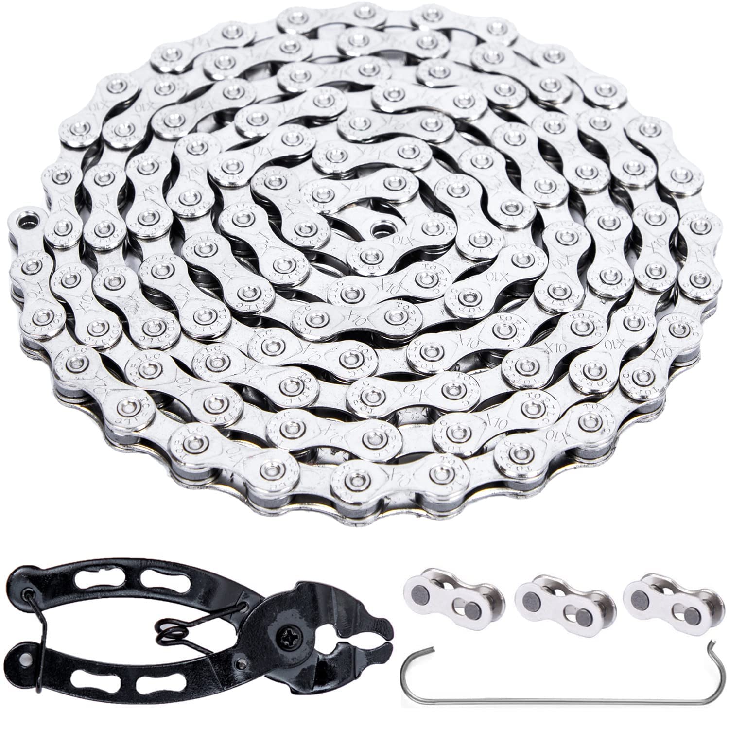YBEKI Premium Carbon Steel Bike Chain 9/10/11/12 Speed | Shimano/SRAM Compatible with 3 PowerLinks & Pro Chain Tool | Anti-Rust Silver Plating for UK Weather (116 Links 1/2"x11/128")(Silver 10 Speed)
