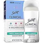 Secret Clinical Strength Antiperspirant Deodorant for Women, Free & Sensitive, 100hr Sweat & Odor Protection, 3X Stress Protection with Hyaluronic Acid, PH Balanced, Invisible Solid, Unscented, 2.6 oz