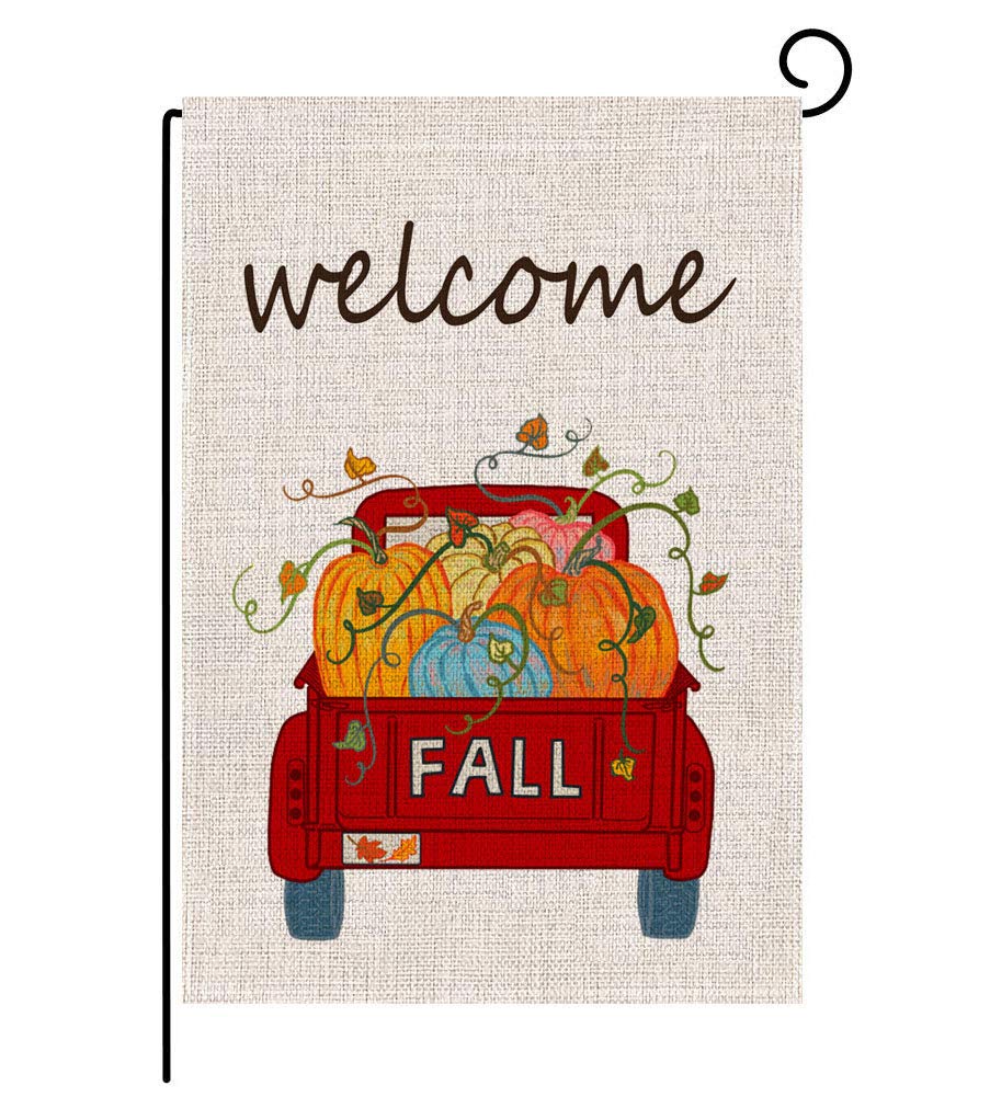 Keniot Fall Pumpkin Truck Welcome Garden Flag Double Sided Burlap Fall Garden Flag, Seasonal Fall Outdoor Funny Decorative Flags for Yard Outdoor Decor, 12.5 x 18.5 inch