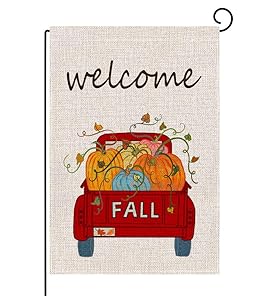 Keniot Fall Pumpkin Truck Welcome Garden Flag Double Sided Burlap Fall Garden Flag, Seasonal Fall Outdoor Funny Decorative Flags for Yard Outdoor Decor, 12.5 x 18.5 inch