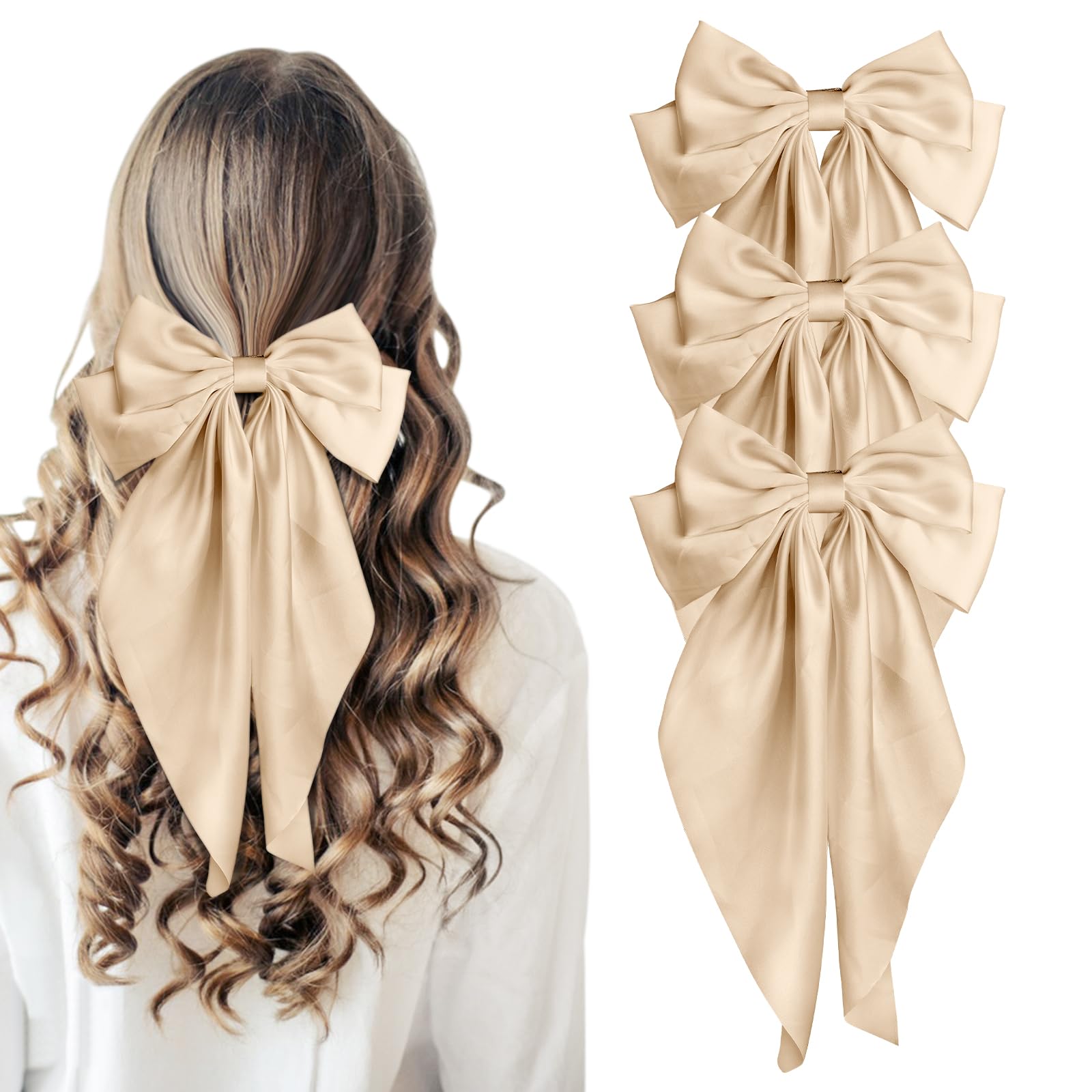 Photo 1 of 15" Hair Bow Clips for Women Girls, Khaki Silky Satin Ribbon Bow Hair Barrettes with Long Tail Hair Ponytail Holder Accessories for Toddler Teens