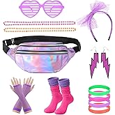 Jieting 80s Accessories for Women Outfit Set, Neon Leg Warmers, Lace Headband, Fishnet Gloves, Earrings & Holographic Fanny Pack, Retro Costume for 80's Party