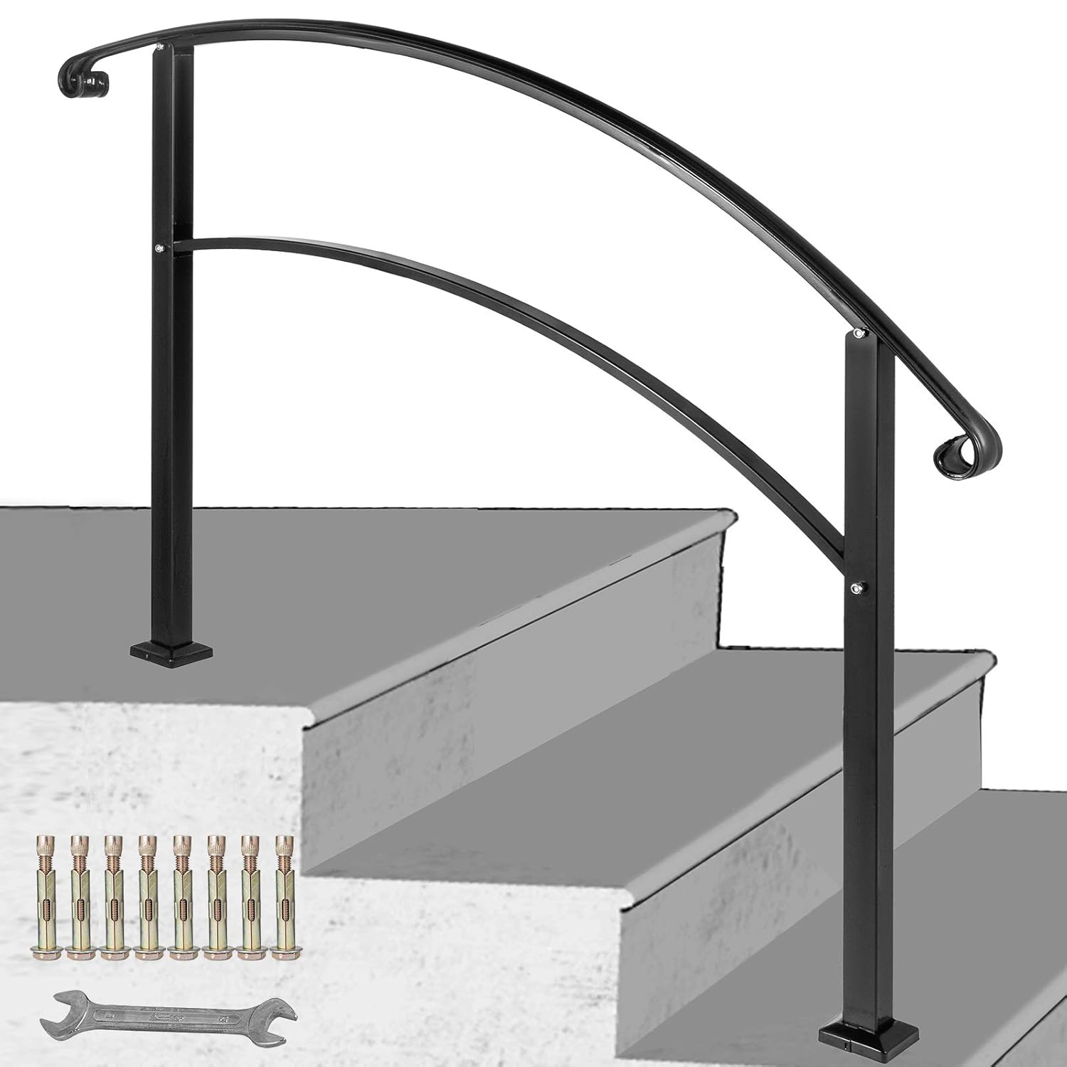 LOVSHARE 3-Step Adjustable Handrail Fits 1 or 3 Steps Matte White Stair Rail Wrought Iron Handrail with Installation Kit Hand Rails for Outdoor Steps
