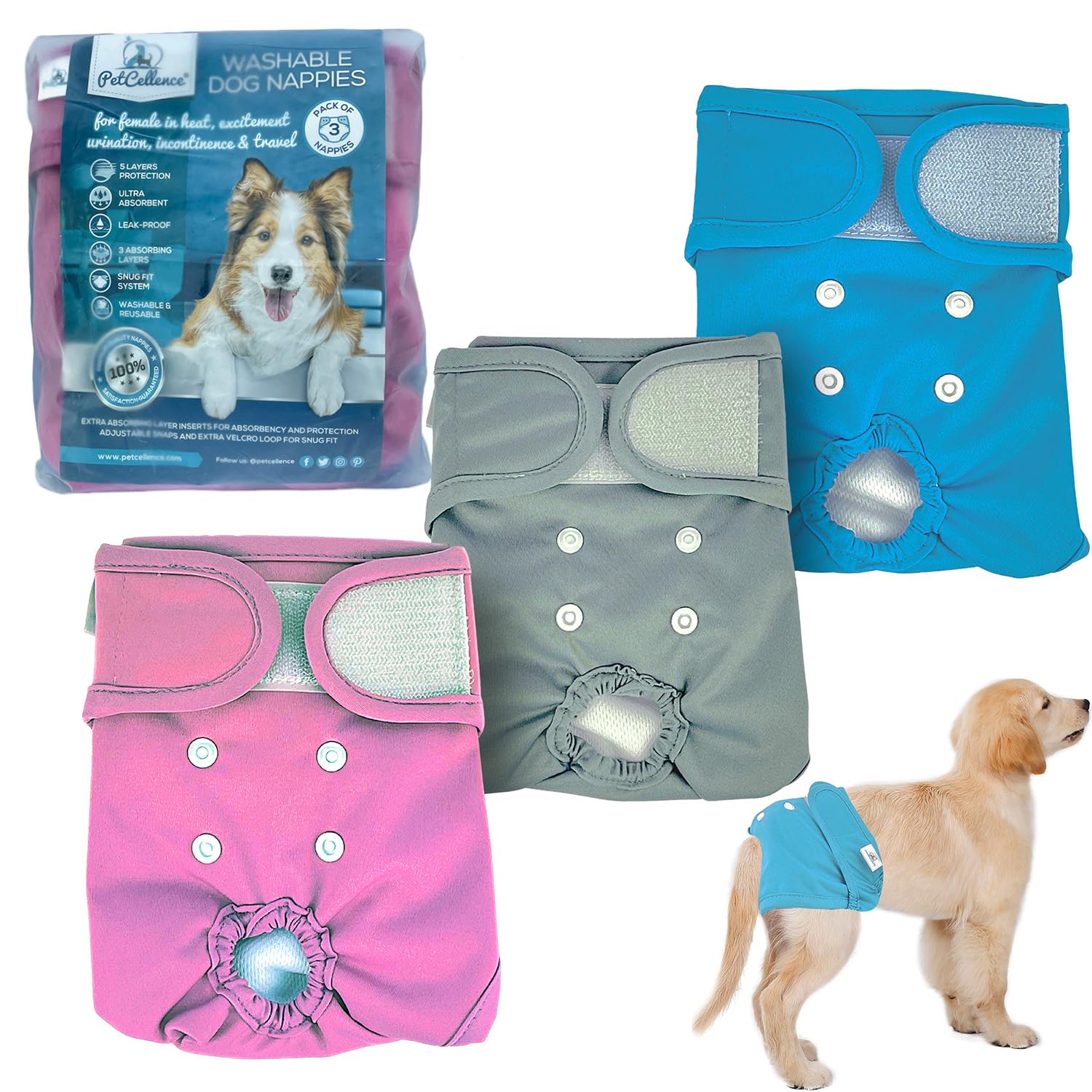 PetCellence Dog Nappies Female Large - Pack of 3 Washable Absorbent Diapers with 3 Sewn Microfibre Layers for Pet, Puppy - Adjustable Bands & Buttons - Quick Drying Dog Season Pants