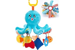 hahaland Baby Toys 0-6 Months - Car Seat Toys Octopus Toy with Pulling Cords, Squeaky, Crinkle, Rattle, Mirror, Montessori Newborn Sensory 4 Month Babies Gift Stroller Carseat Hanging Toy for Baby Gym