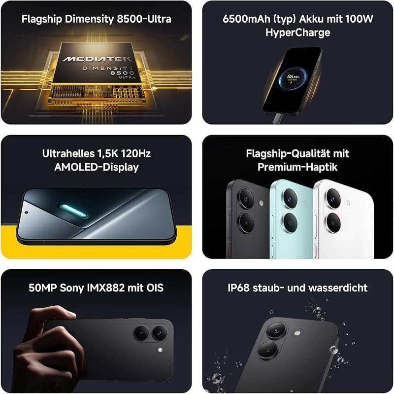 Poco X8 Pro Smartphone 12GB+512GB, Dimensity 8500-Ultra Prozessor, 6500mAh Akku, Ultra-helles AMOLED Display, 50MP Sony IMX882 Hauptkamera mit OIS, Weiß, 3 Jahre Garantie