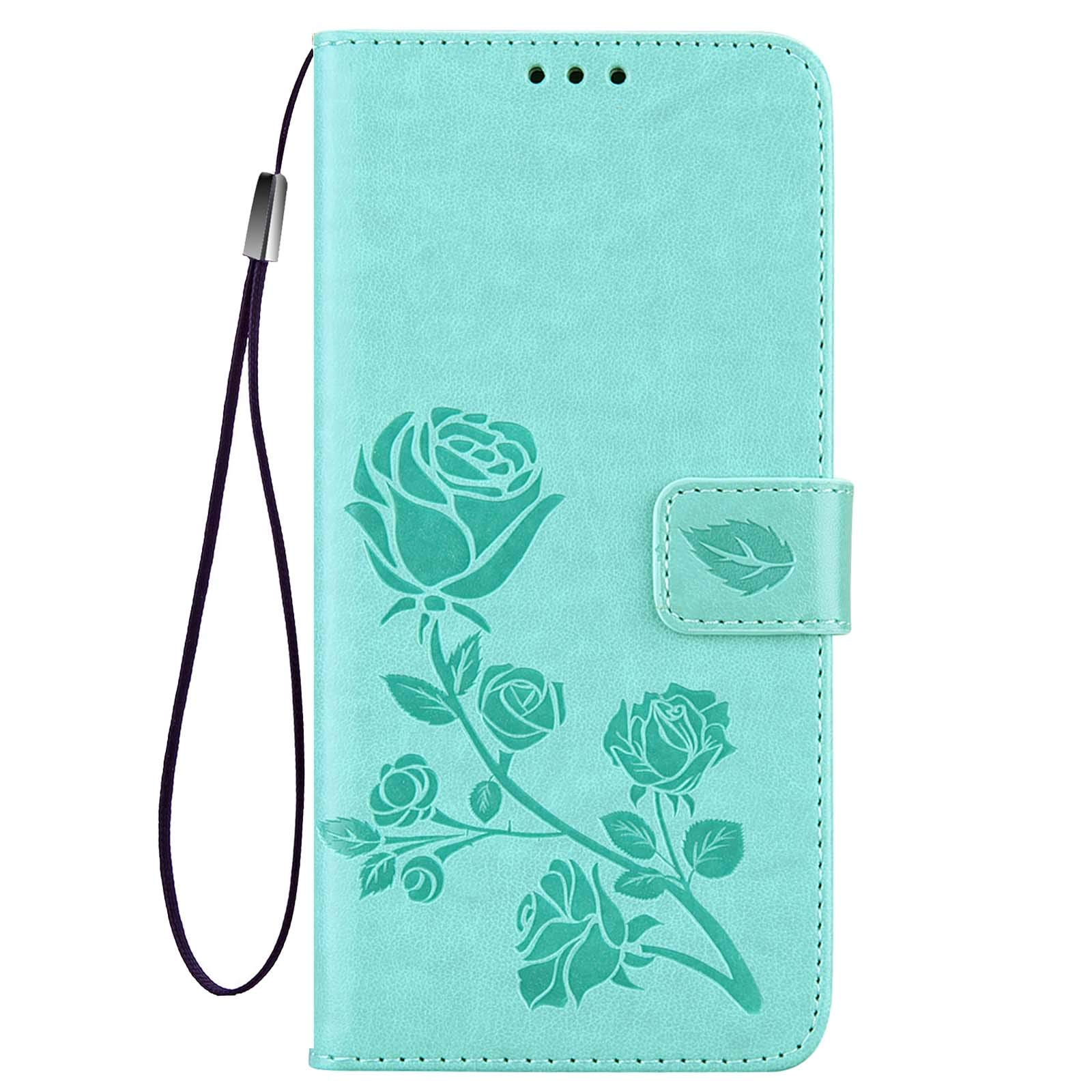 AMWEI Leather Flip Cover for Honor X8 Case, Rose flower Embossing Magnetic Closure Protection Shell Bumper Wallet with Card Slots & Kickstand. Green