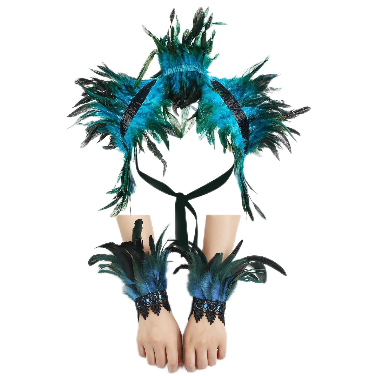 AWAVM Women Natural Feather Cape with Wrist Cuffs Wristband Maleficent Costume Gothic Lacing Shawl Shrug Collar Feather Cape for Halloween Cosplay Christmas Party Blue