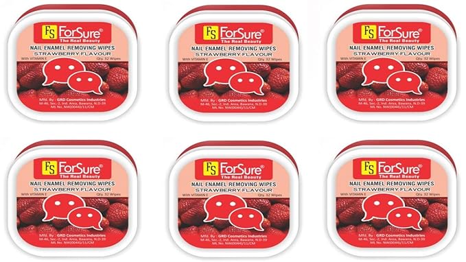 ForSure Nail Polish Remover Wipes/Nail Cleaning Tissues Enriched with Olive Oil & Vitamin E, Acetone Free, One wipe cleans upto 10 nails, Strawberry Flavour (Pack Of 6 box with 32 Wipes In Each Box)