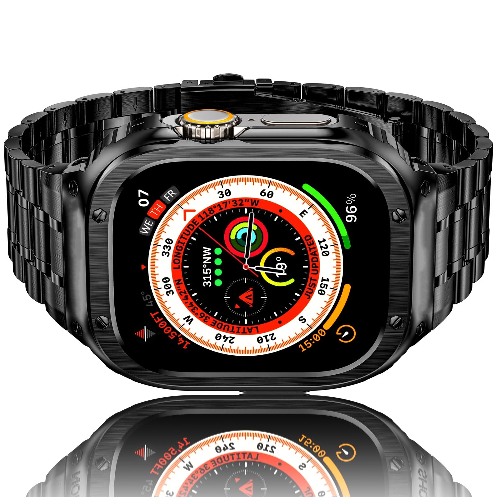 HASLFM Stainless Steel Straps with Case Compatible for Apple Watch 49mm Series Ultra 3/2/1, Rugged Metal Replacement Straps with Cover for iWatch Ultra 3/2/1 Men, Black