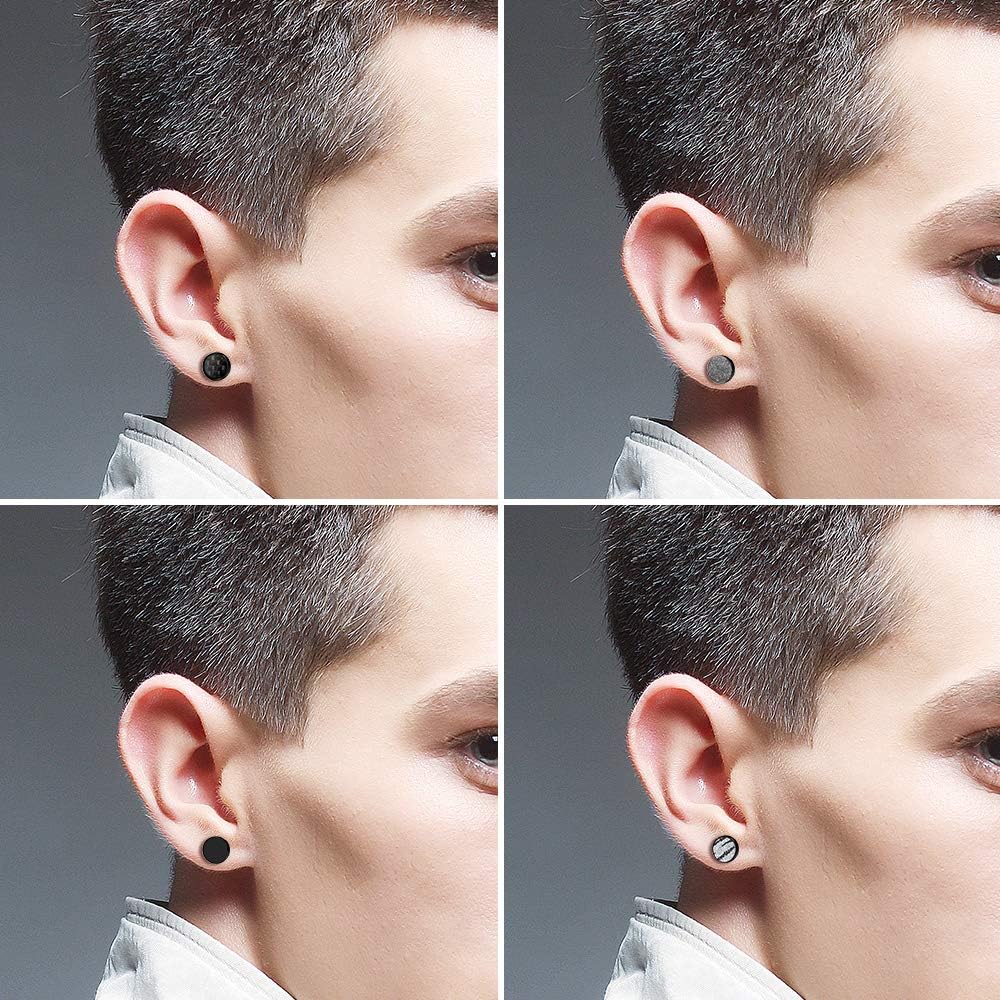 Feilok Cool 8mm Mens Stainless Steel Stud Earrings Women Piercing Ear Plug Tunnel Set of 4 works, Black, 8 mm - Image 5