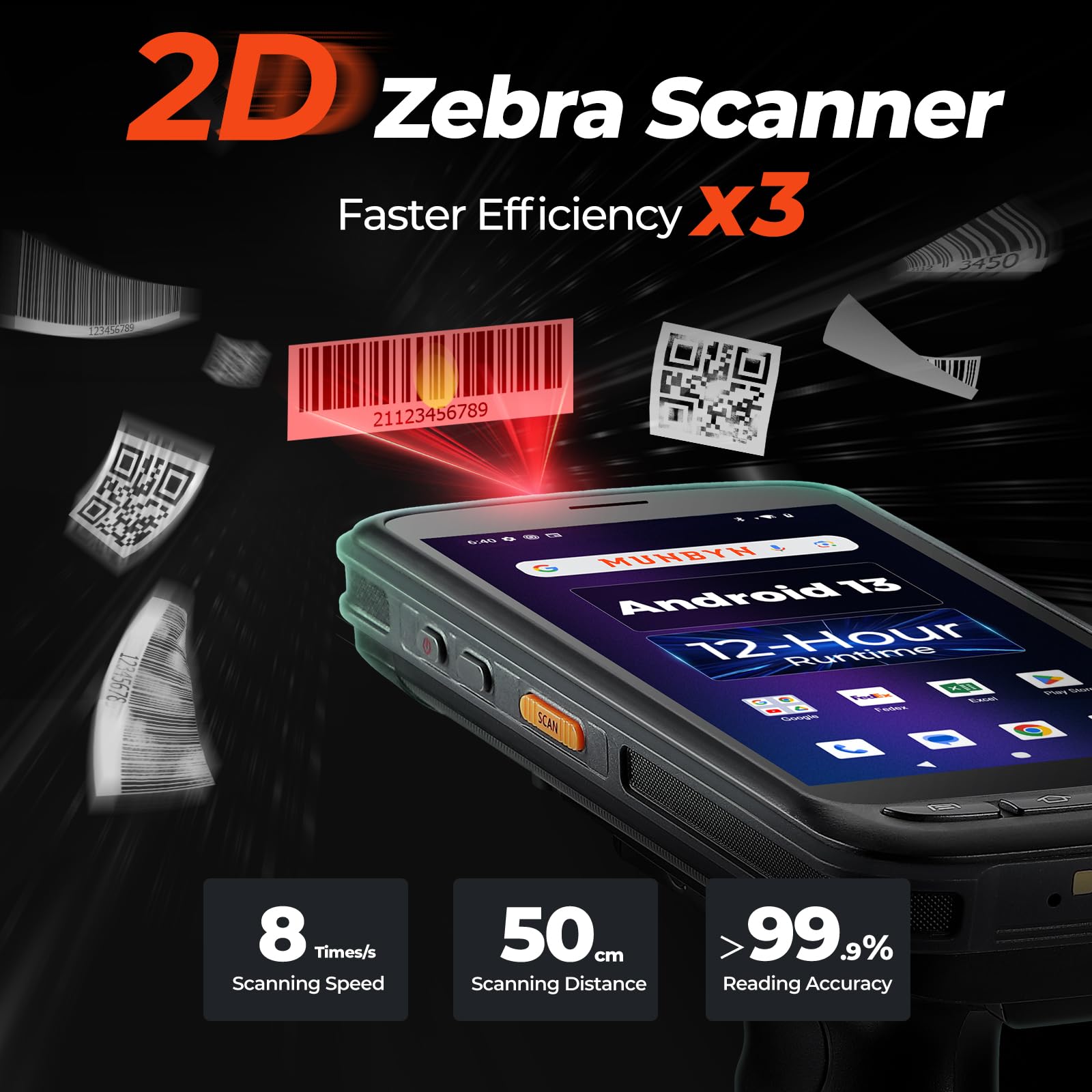 MUNBYN Android Barcode Scanner Full Screen, 8000mAh Mobile Computer, 1D/2D QR Zebra SE4710 Engine, Handheld Android 13, PDA for WMS, 4G Wi-Fi Inventory Bar Code Scanner