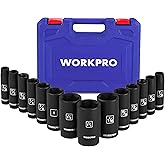 WORKPRO 14-Piece 1/2＂ Drive Deep Impact Socket Set, SAE | 6-Point Impact Deep Socket Set, Heavy Duty Storage Case, for Automotive, Mechanical Repairs, 3/8"-1-1/4", Cr-V Steel