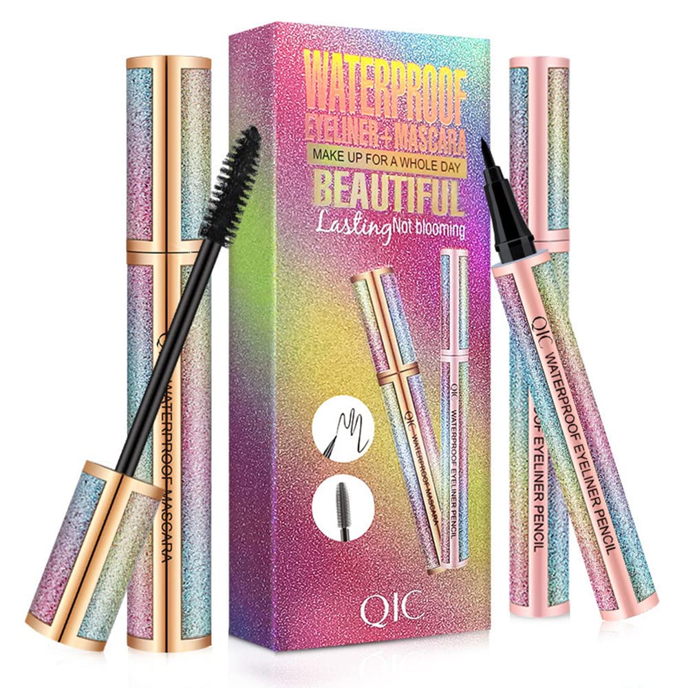 4D Silk Fiber Lash Mascara & Eeyliner Pen, 2pcs/set, Natural Smudge-proof & Waterproof Mascara, Black Thickening Lengthening Mascara No Clumping, Fuller Lashes