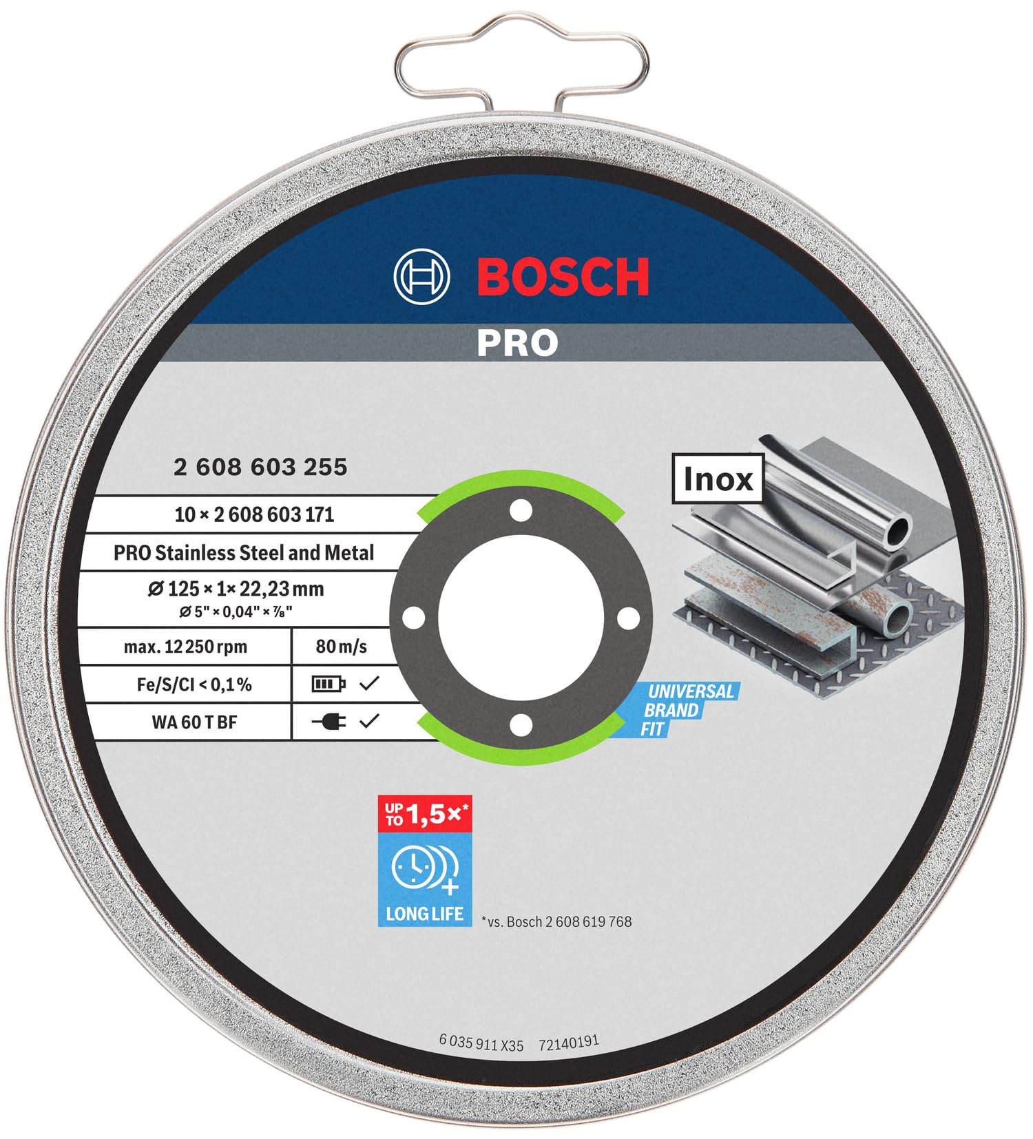 Bosch Professional 10 x Cutting Discs for Inox Rapido WA 60 T BF (for Stainless Steel, Ø 125 mm, Straight, Accessories for Angle Grinders), white, 125mm x 1mm x 22.23mm, 2608603255