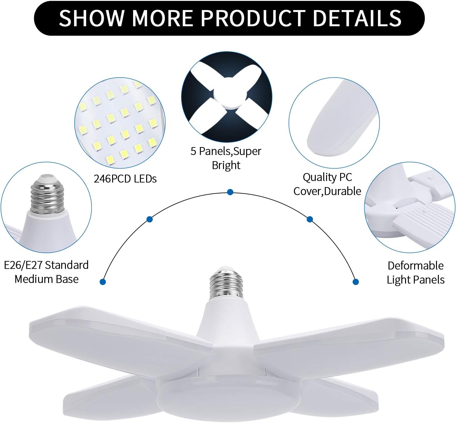 LED Garage Lights, 1 Pack 60W Adjustable Trilights LED Garage Ceiling Light,6000Lumens LED Garage Ceiling Light, CRI 80, 6000k Nature Light for Garage,Warehouse: Home Improvement