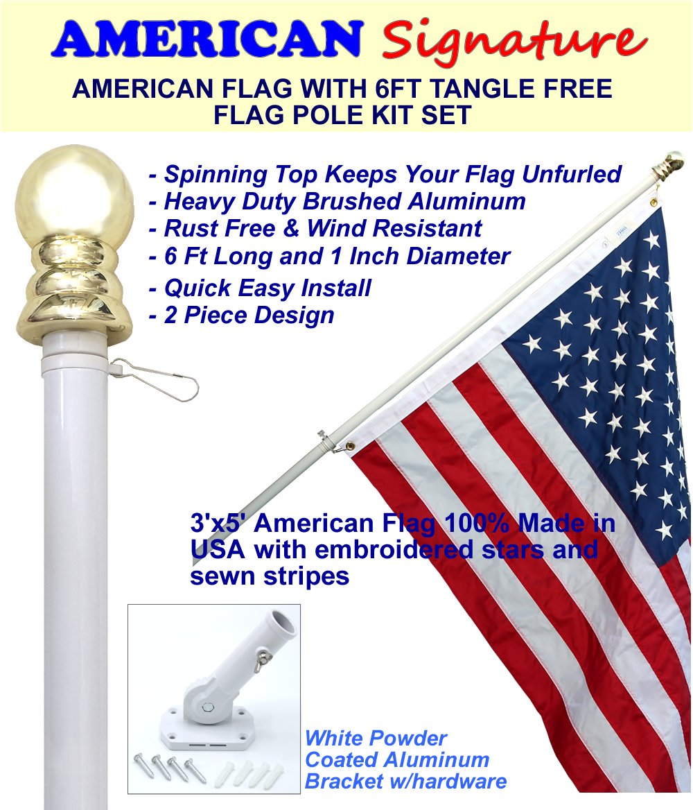 Flag Pole Kit Includes 3x5 Ft American Flag, 6 Foot Tangle Free Flag