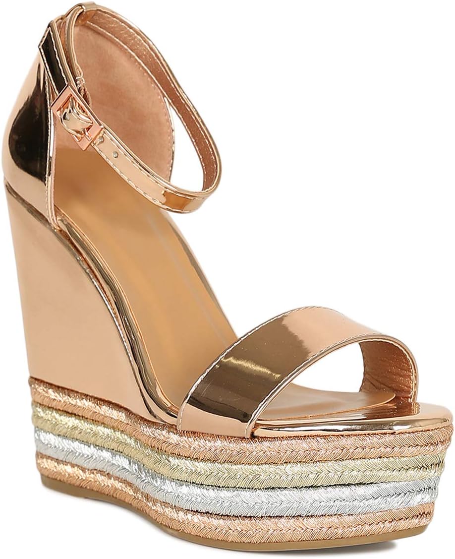 Alrisco Women Metallic Open Toe Striped Espadrille Platform Wedge Sandal RG35