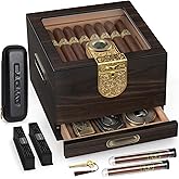 AWOTE Cigar Humidor, Cedar Wood Humidor Cigar Box, Includes Leather Cigar Case, Cigar Tube, Digital Hygrometer and 2 Humidifiers, Glass Top Desktop Humidor with Accessory Drawer, Gift Set (Dark Brown)