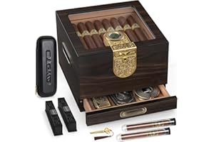 AWOTE Cigar Humidor, Cedar Wood Humidor Cigar Box, Includes Leather Cigar Case, Cigar Tube, Digital Hygrometer and 2 Humidifiers, Glass Top Desktop Humidor with Accessory Drawer, Gift Set (Dark Brown)