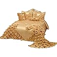 OctoRose Royalty Oversized Gold Wedding Bedding Bedspread | Cute Bed Set for Queen Size (102x110) | 5-Piece Set with 2 Pillow Sham, 1 Square Pillow, and 1 Neck Roll