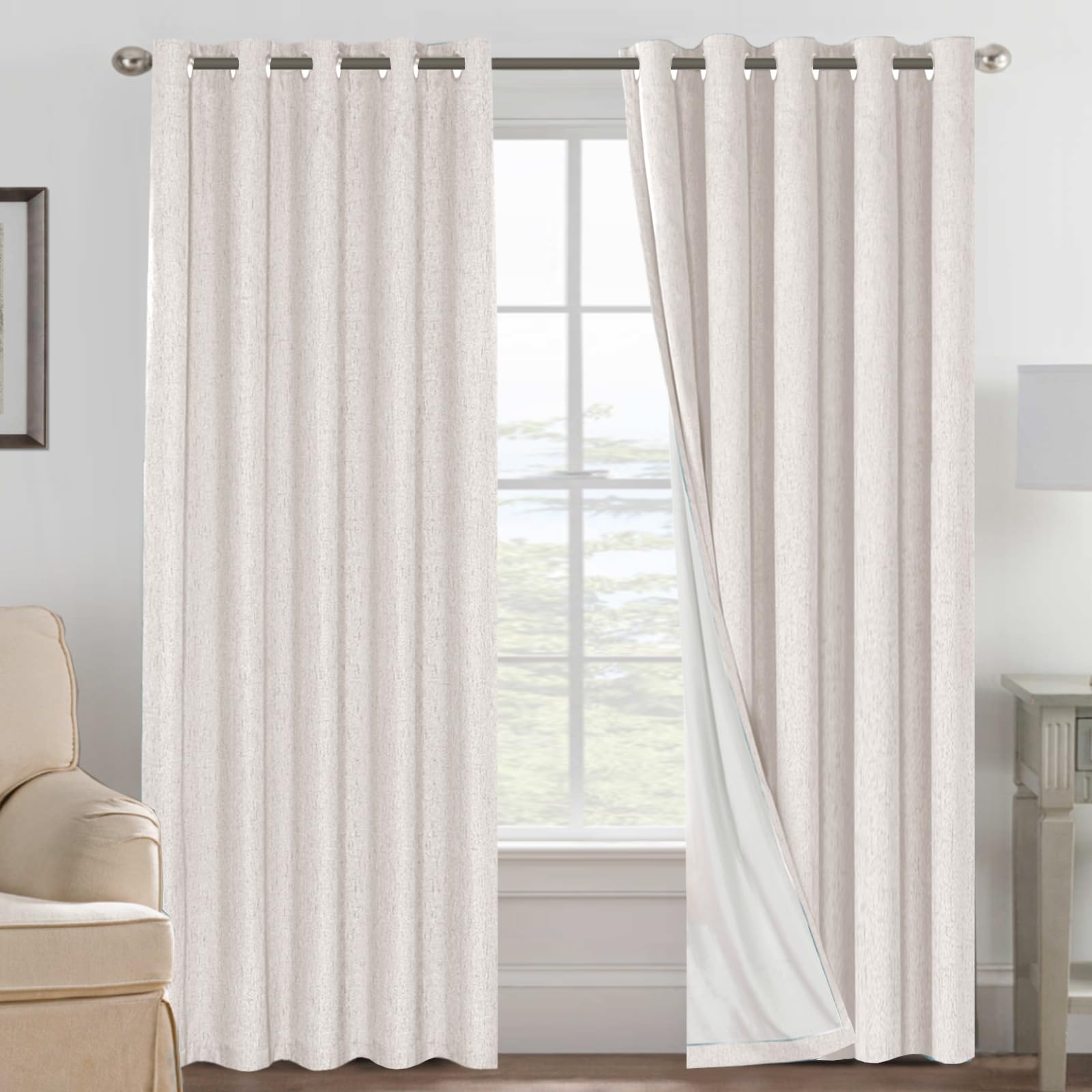 BellaHills 100% Blackout Curtains for Bedroom & Living Room, Eyelet Thermal Insulated Linen Textured Curtains, Heat & Full Light Blocking Drapes, 2 Panels Set, 66 x 90 Inch, Ivory