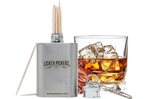 LICKER PICKERS TOOTHPICKS PROUDLY MADE IN DALLAS TEXAS . UNITED STATES OF AMERICA Licker Pickers Bourbon Pecan Flavored All White Birchwood Toothpicks-25 Liquor-Infused Picks with Bonus 2oz stainless steel Flask